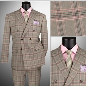 MEN'S VINCI 2 PIECE MODERN FIT GLEN PLAID DOUBLE BREASTED SUIT MDW-2 LIGHT TAUPE